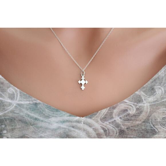 Sterling Silver Textured Cross Charm Necklace, Silver Textured Cross Charm - Picture 3 of 3